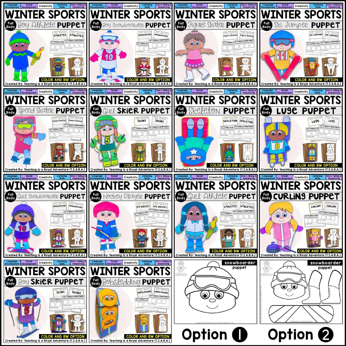 Winter Sports Paper Bag Puppet Templates and Writing Activities BUNDLE