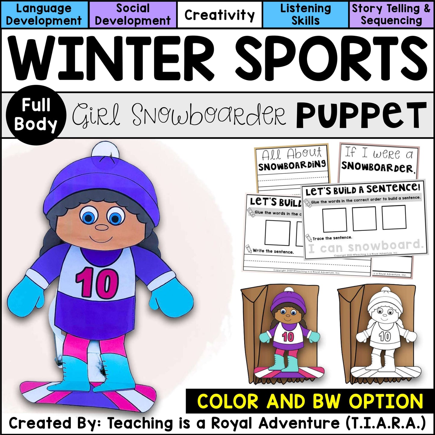 Winter Sports Paper Bag Puppet Templates and Writing Activities BUNDLE