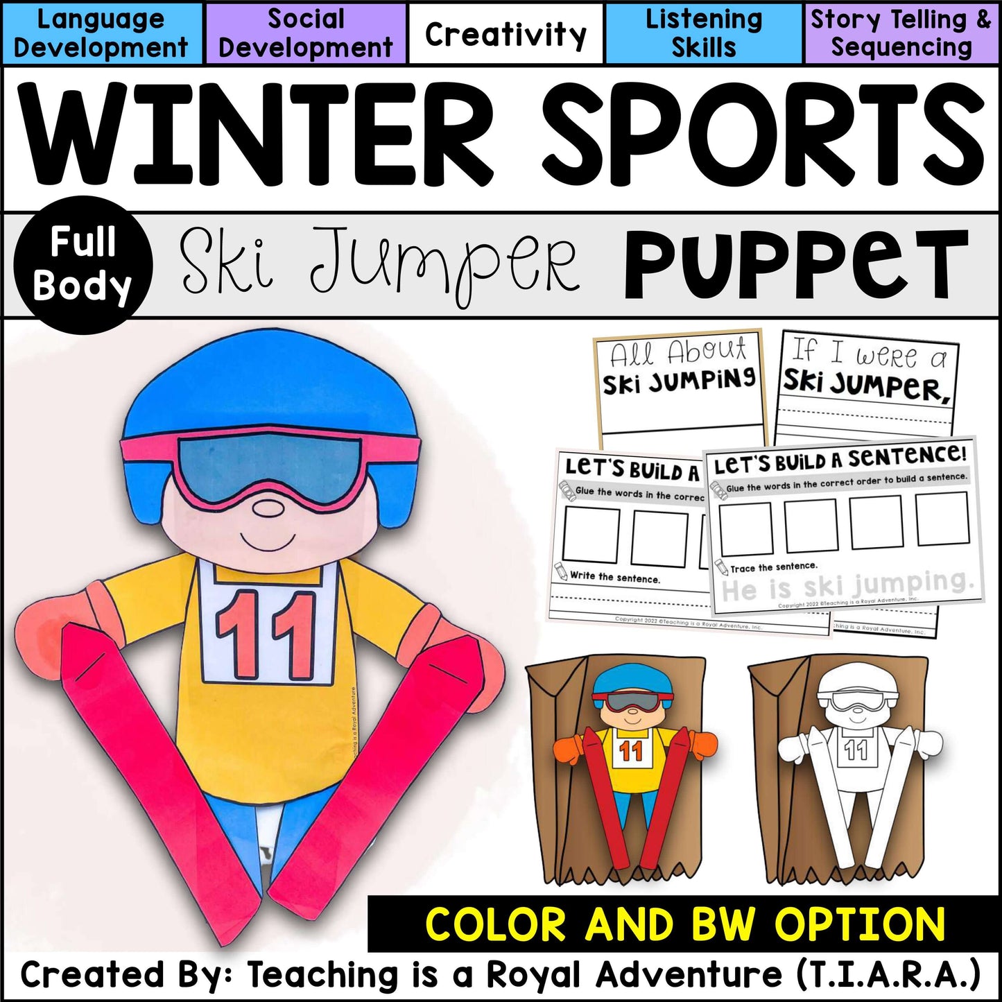 Winter Sports Paper Bag Puppet Templates and Writing Activities BUNDLE