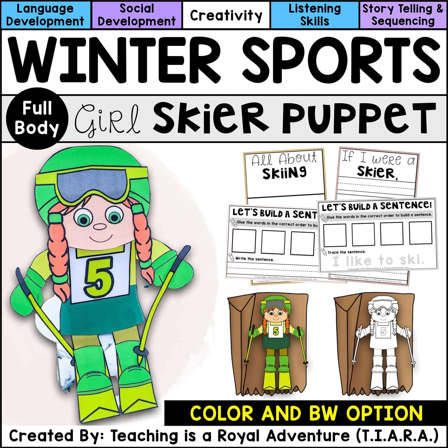 Winter Sports Paper Bag Puppet Templates and Writing Activities BUNDLE