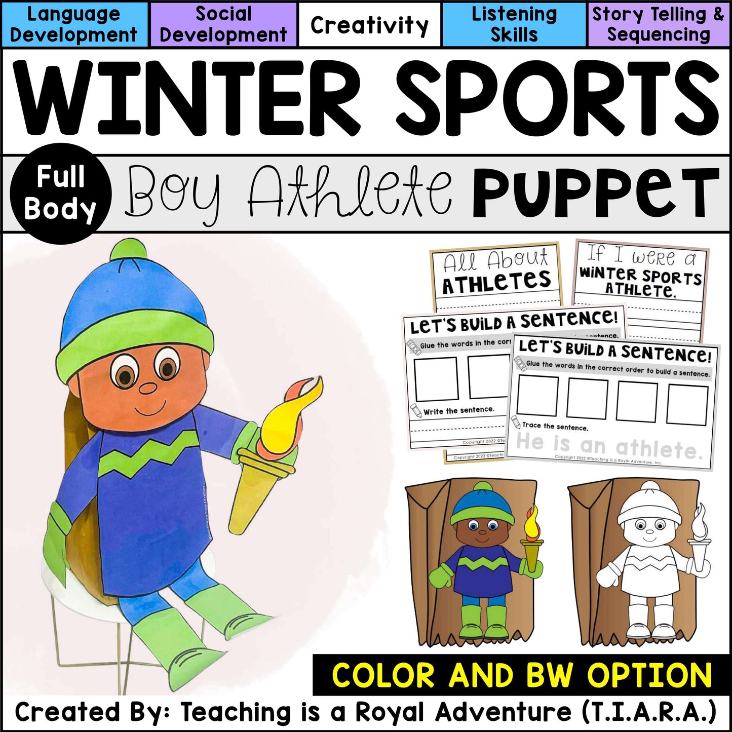 Winter Sports Paper Bag Puppet Templates and Writing Activities BUNDLE