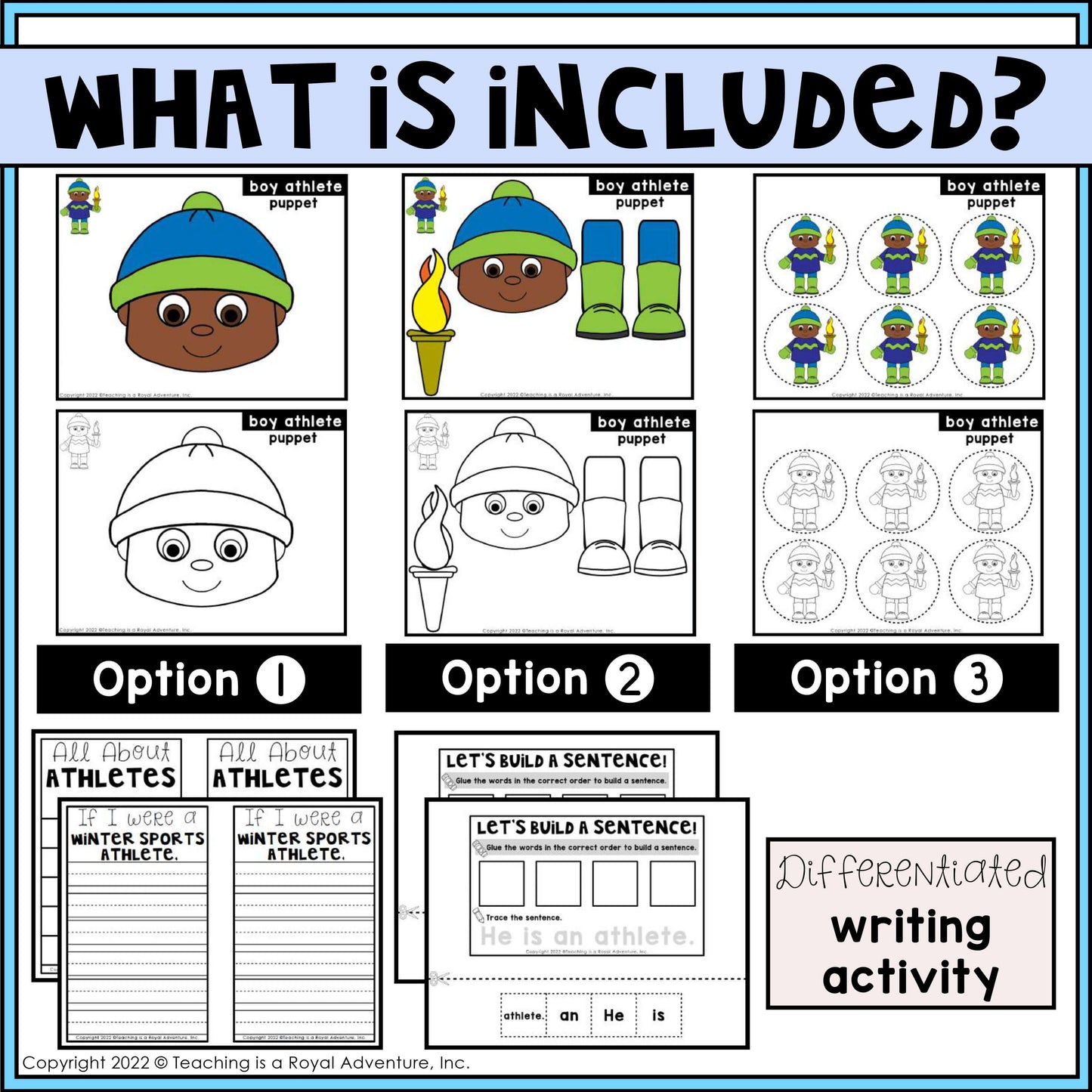Winter Sports Paper Bag Puppet Templates and Writing Activities BUNDLE
